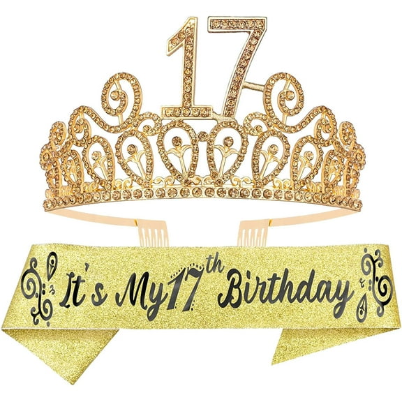 Meant2ToBe 17th Birthday Girl's High Quality Tiara and Sash Set, Gold