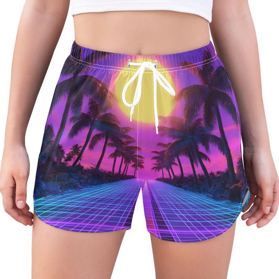 FORMRS Womens Swim Shorts Mesh Liner Quick Dry Casual Beach Board Bottom with Pockets, Sizes S-2XL, Purple Neon Road