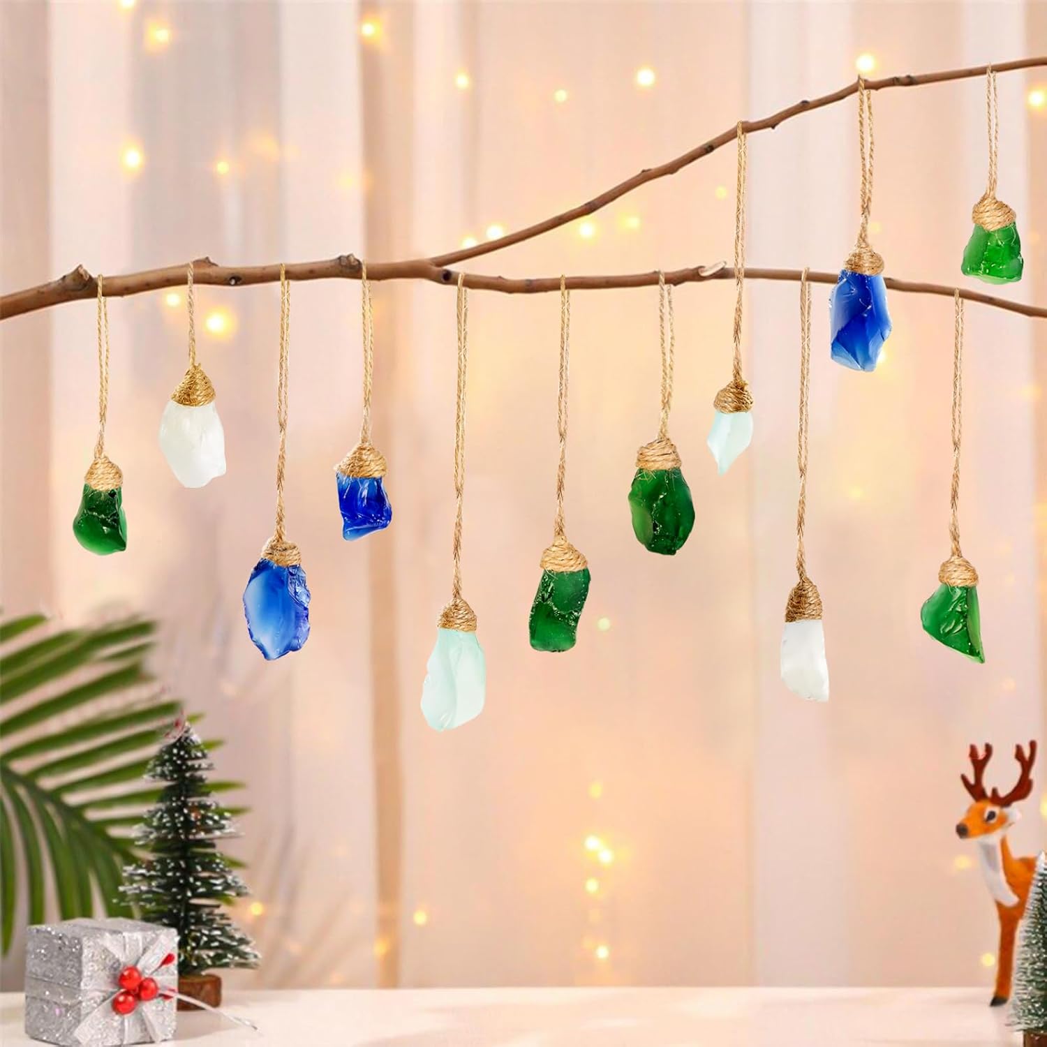 Sinkoo 24pcs Sea Glass Christmas Ornaments, Handmade Seaglass Block Crafts Coastal Beach Hanging Ornament Sets for Christmas Tree Party Weddings Decor