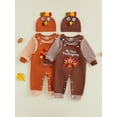 thumbnail image 3 of Loicainy Infant Baby Boy Thanksgiving Outfit 3 6 9 12 18 Months Striped Crew Neck Long Sleeve Romper Turkey Print Overalls and Hat 3 Pcs Clothes Set, 3 of 9