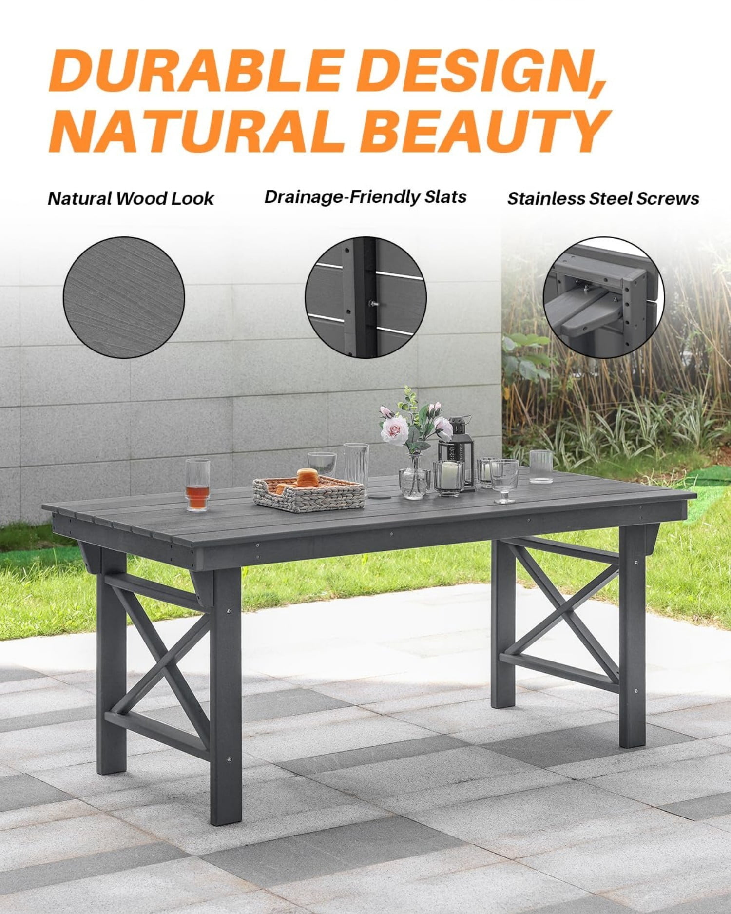 HDPE Outdoor Dining Table for 6, 66.9" Rectangular Patio Dining Table with 2.2" Umbrella Hole, All-Weather Outdoor Table for Backyard, Deck, Garden, Poolside, Smoke Gray