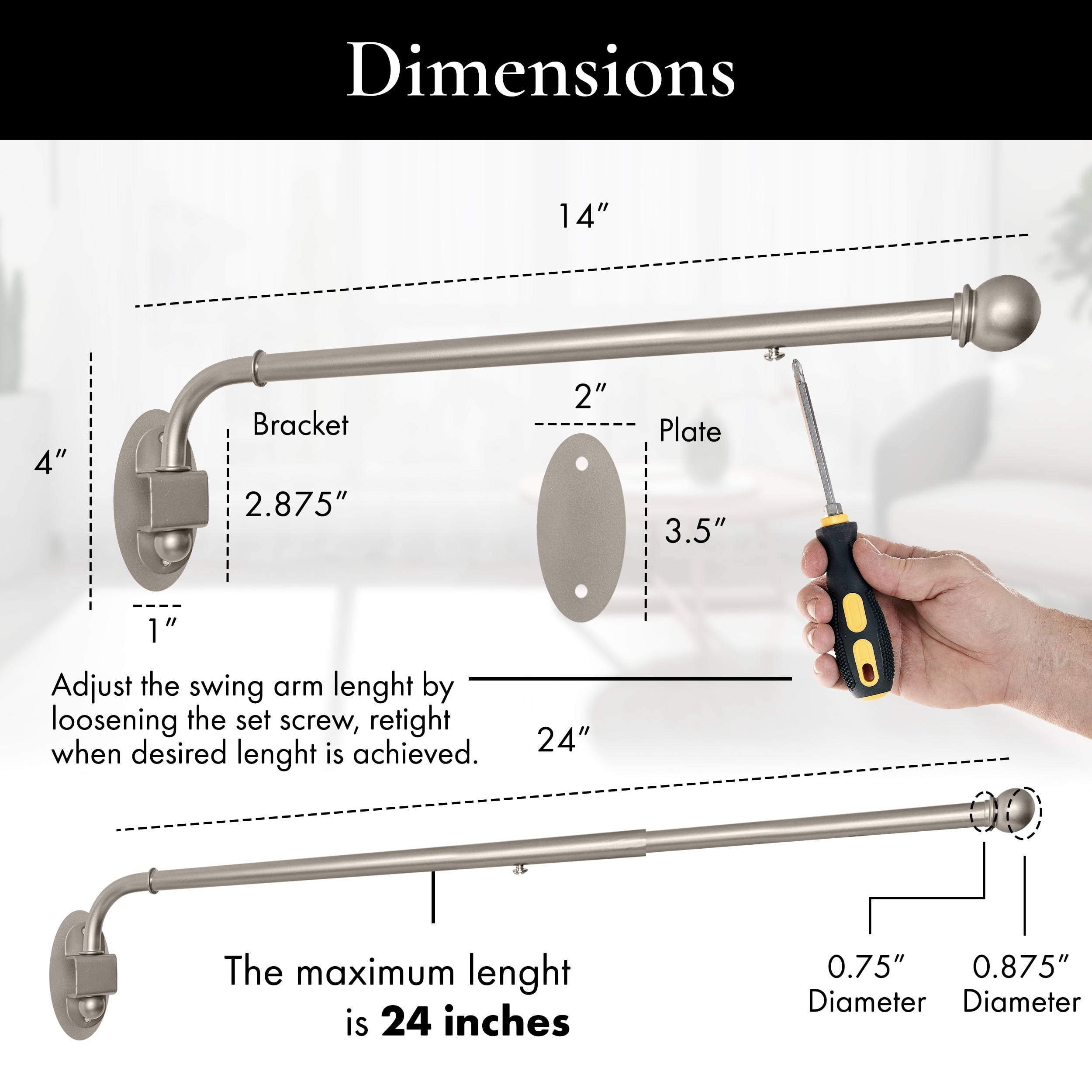 MERIVILLE 24"-38" Swing Arm Curtain Rod, 1/2" Diameter, Pewter, 2 Pieces