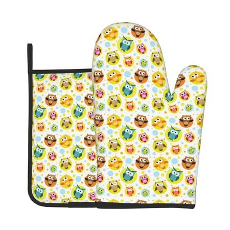 

KLL Colorful Owls 1 Pattern Oven Mitts and Pot Holders 2pcs Sets for Kitchen Oven Mitt Heat Resistant 536°F Oven Gloves for Kitchen Cooking and Baking