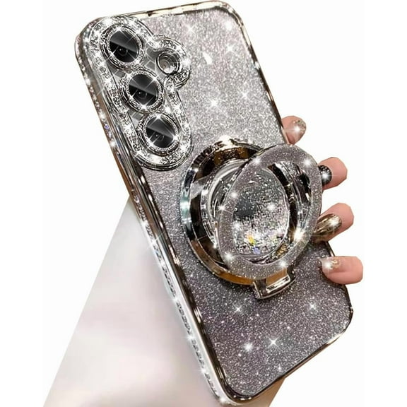 for Samsung Galaxy S25 Glitter Kickstand Case,Luxury Bling Sparkly Diamond Rhinestones with Camera Lens Protector Liquid Flowing Ring Stand TPU Bumper Women Girls Case for Galaxy S25 (Silver)