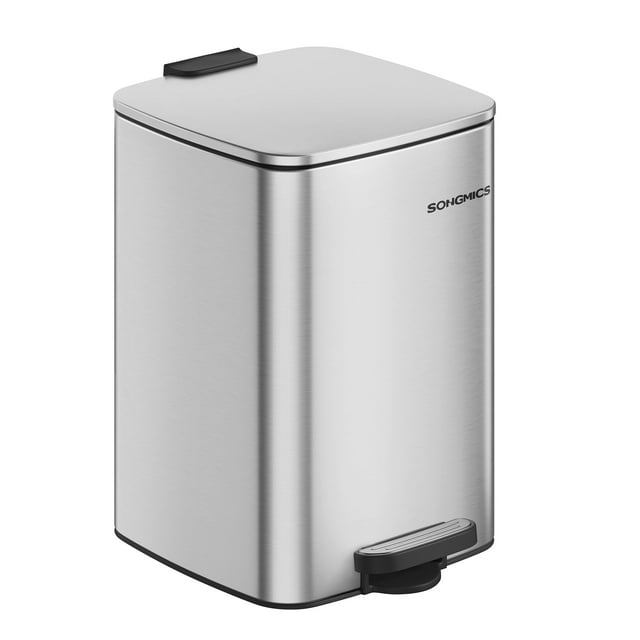 SONGMICS Trash Can, 5.2-Gallon (20 L) Trash Bin, Stainless Steel Kitchen Garbage Can, with Inner Bucket, Soft Close and Stays Open, Metallic Silver