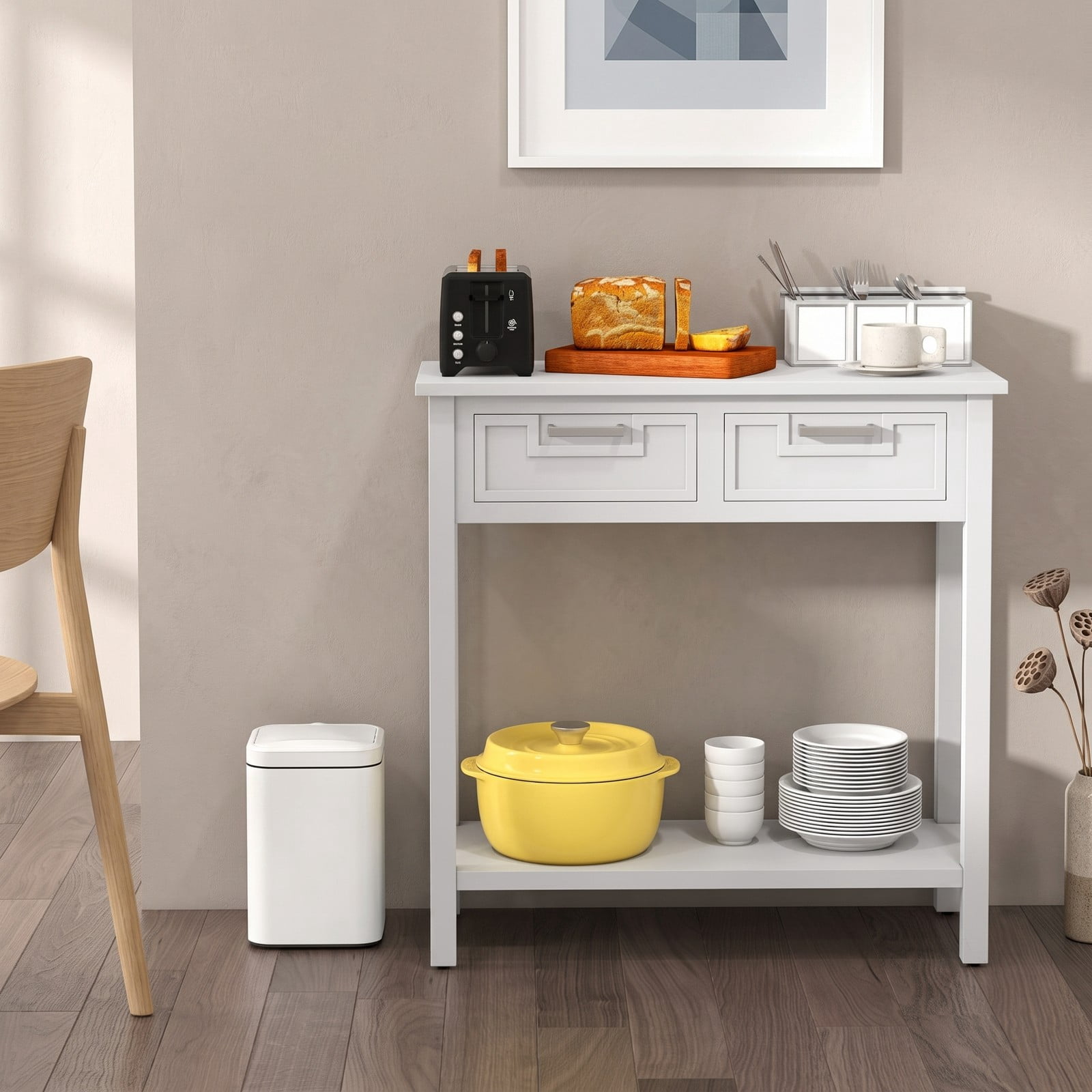 Furnibear Narrow Console Table with 2 Drawers and Open Storage Shelf and Solid Wood Legs for Small Entryway and Foyer, White