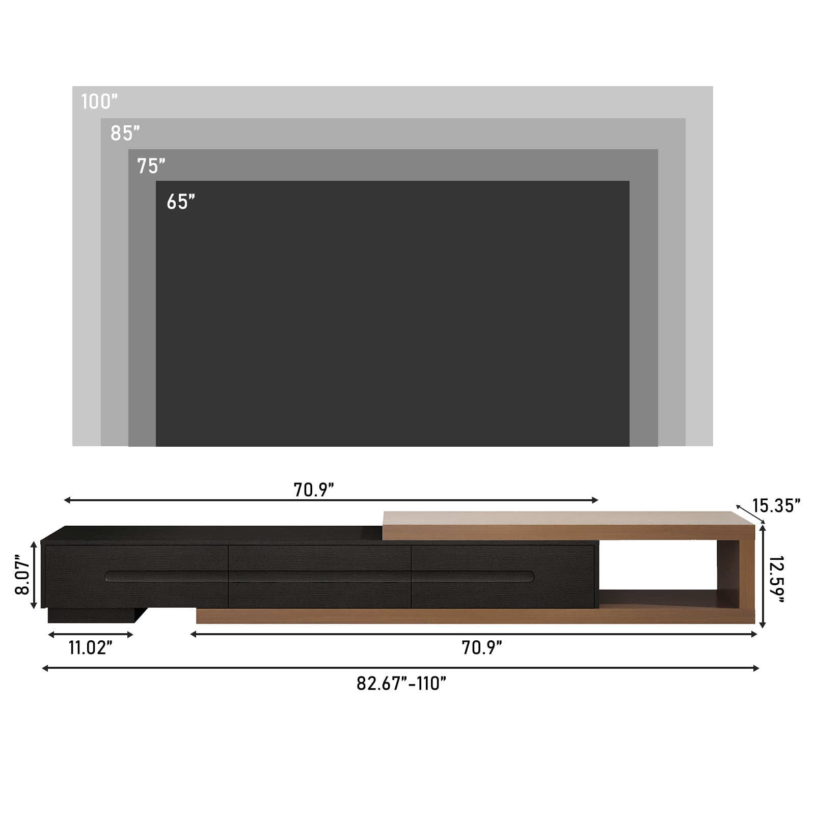 Blotout Extendable TV Stand for TVs up to 120", Wood Reversible Entertainment Center with 3 large Drawers, Extendable TV Media Console for Living Room,Bedroom