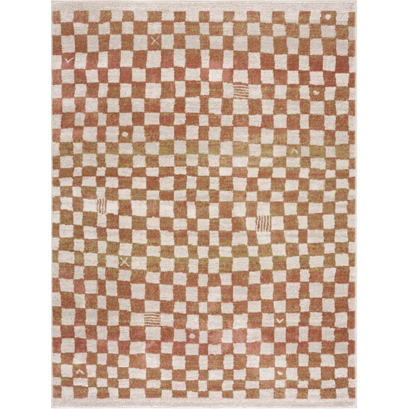 BoutiqueRugs Benjy Modern Checkered Area Rug - Contemporary Geometric Carpet for Living Room, Bedroom, Kids Room, Nursery - Cream, Somon, Rust - 6'7" x 9' (6x9)