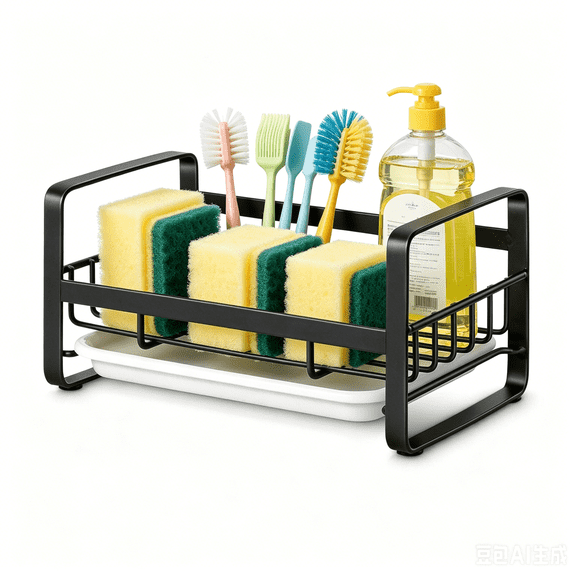 RYLZX Kitchen Sink Sponge Holder, 304 Stainless Steel Black Kitchen Soap Dispenser Caddy Organizer, Countertop Soap Dish Rack Drainer with Removable Drain Tray, not Including Dispenser and Brush