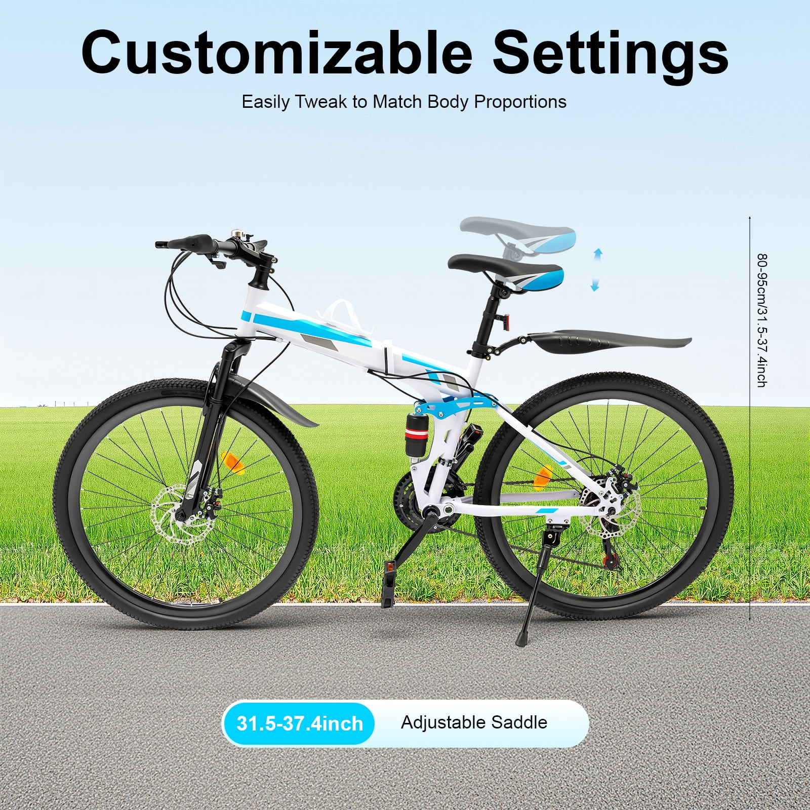 Miumaeov 26" Mountain Bike Folding 21 Speed Full Suspension High Carbon Steel Bike Bicycle Adjustable Saddle Height, Dual Disc Brakes Non-Slip Folding Bike, Adult/Men/Ladies Mountain Bike