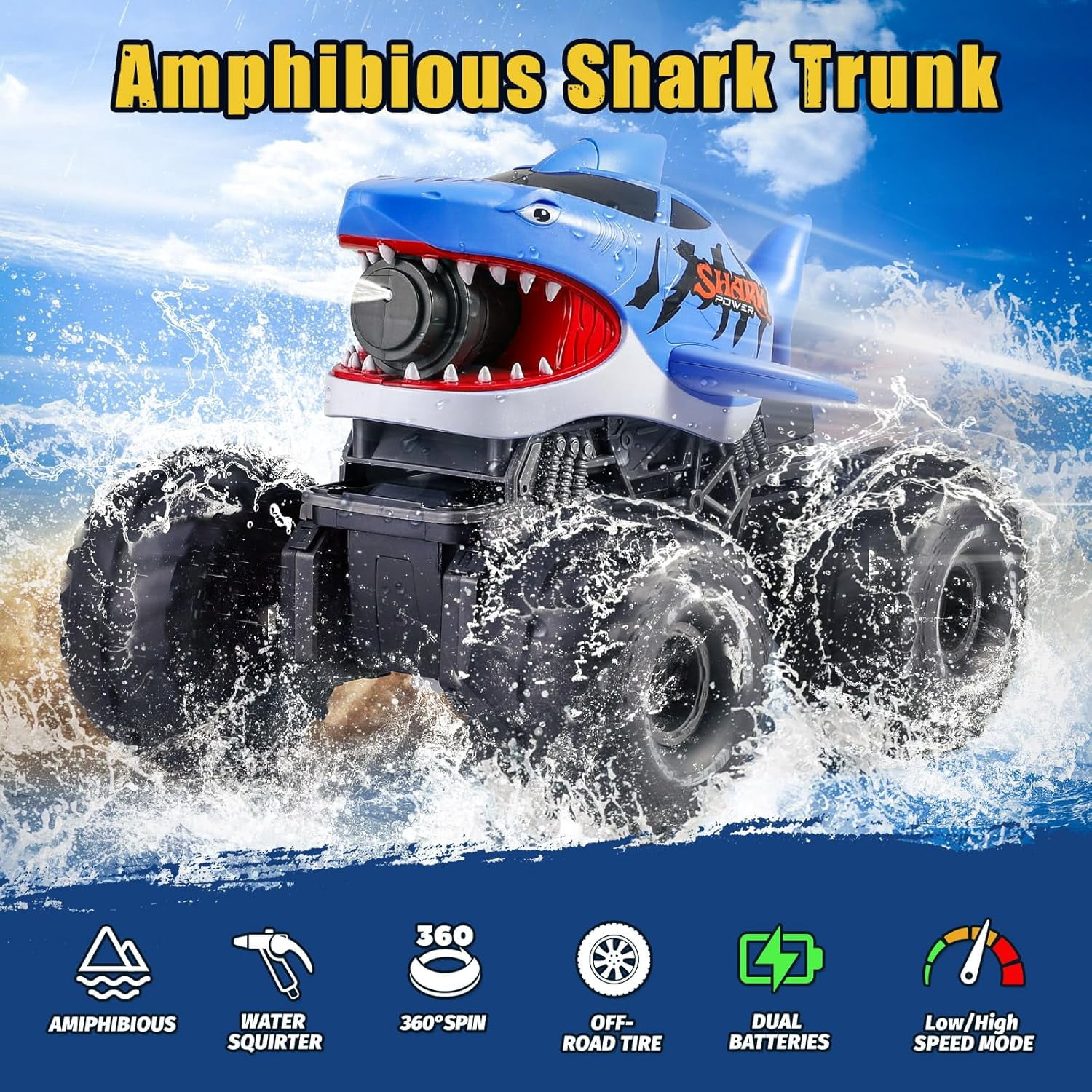 Mini Tudou Off-Road Monster Truck,Waterproof RC Monster Trucks with Water Squirt and Lights,4WD RC Car 2.4Ghz 6+,Remote Control Cars for Kids Adults