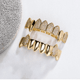 thumbnail image 6 of Copper Zirconia Vampire Fangs Grillz Set, Gold & Silver Tone Iced Teeth Caps with Square Accents,Top and Bottom Dental Jewelry for Hip Hop Parties, 6 of 7