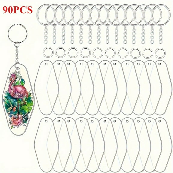 90Pcs Special Shape Clear Acrylic Keychain Blanks, Motel Keychain Blank, Hotel Keychain, Sublimation Luggage Tag Blanks, 3.15×1.77In Clear Heart Keychains Kit For DIY, Christmas Ornament