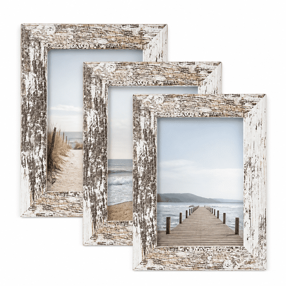 Vintage Wood Grain Photo Frames Set of 3, Fit 5x7 Rustic Picture Frames with Distressed Whitewashed Finish, Tabletop or Wall Display Frames for Home, Office and Gift Giving