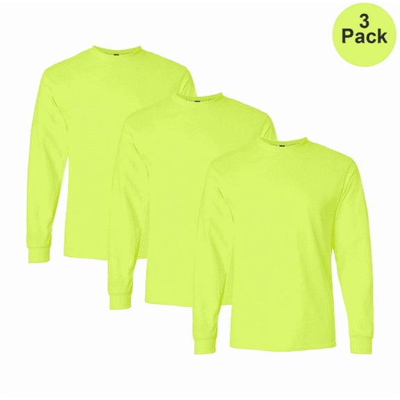 Gildan Hi-Vis Men's Ultra Cotton T-Shirt, Long Sleeve Crew Neck Workwear, Safety Green, 3-Pack, 3XL