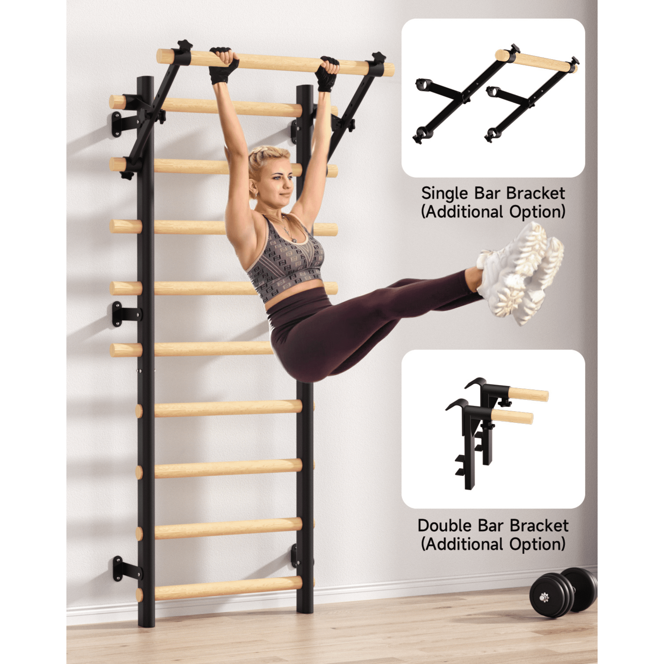 Cofiyard Swedish Ladder Wall Gym, Wooden Wall-Mounted Stall Bars with Pull-up Bar & Exercise Straps, Stretching Ladder Full Body Home Gym for Adults