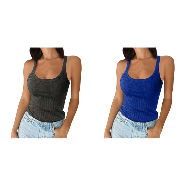 2 Pack(Blue 1PCS & Dark Gray 1PCS) Cropped Top Women Multipack Women Spaghetti Strap Neck Ribbed Tank Tops Slim Fitted Camisole Basic Sleeveless Layering Shirts