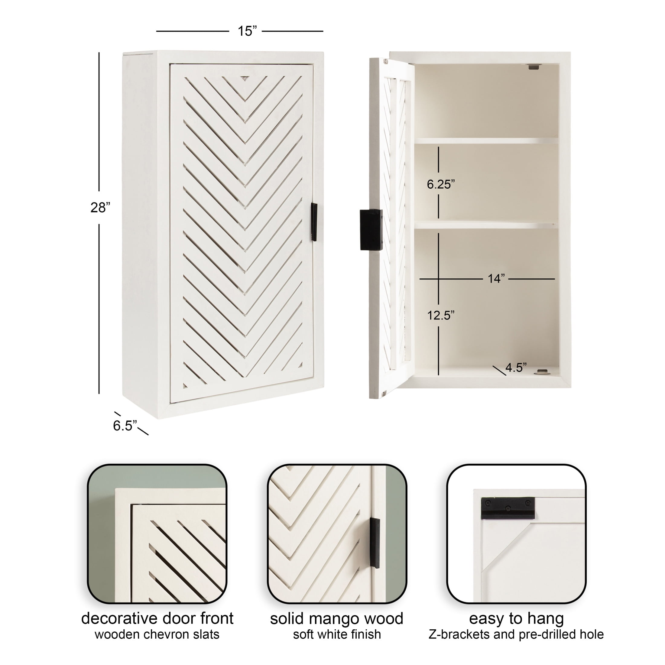 Kate and Laurel Mezzeta Decorative Modern One-Door Floating Bathroom Cabinet, 15 x 7 x 28, White, Decorative Over Toilet Storage Cabinet Made from Solid Mango Wood with Slatted Chevron Design