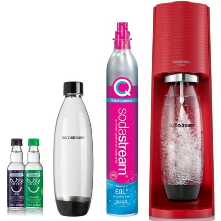 SodaStream Terra Sparkling Water Maker (Red) Bundle with CO2, 2 Bottles and 2 bubly Drop