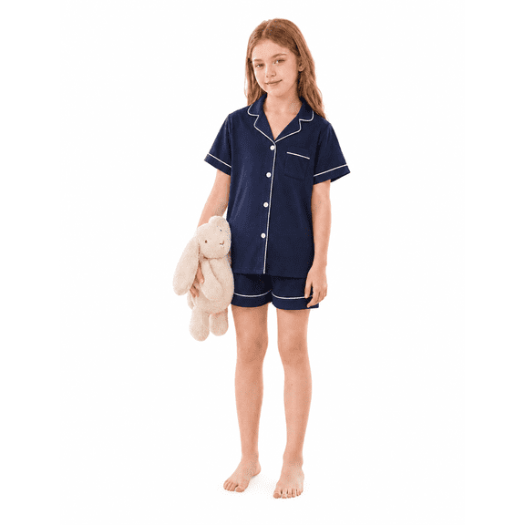 Girls Lapel Button Down Pajama 2 Piece Set Short Sleeve Top and Shorts 100% Cotton Solid Color Girls Sleepwear Loungewear Set
