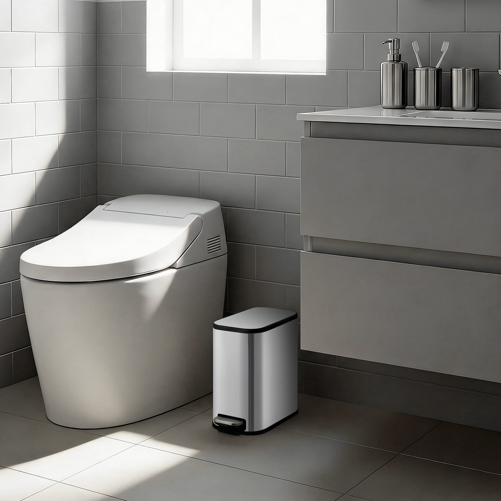 Slim Bathroom Trash Can with Lid Soft Close, Step Pedal, 5 Liter / 1.3 Gallon Stainless Steel Trash Bin, Small Garbage Cans for Bedroom, Office, Kitchen