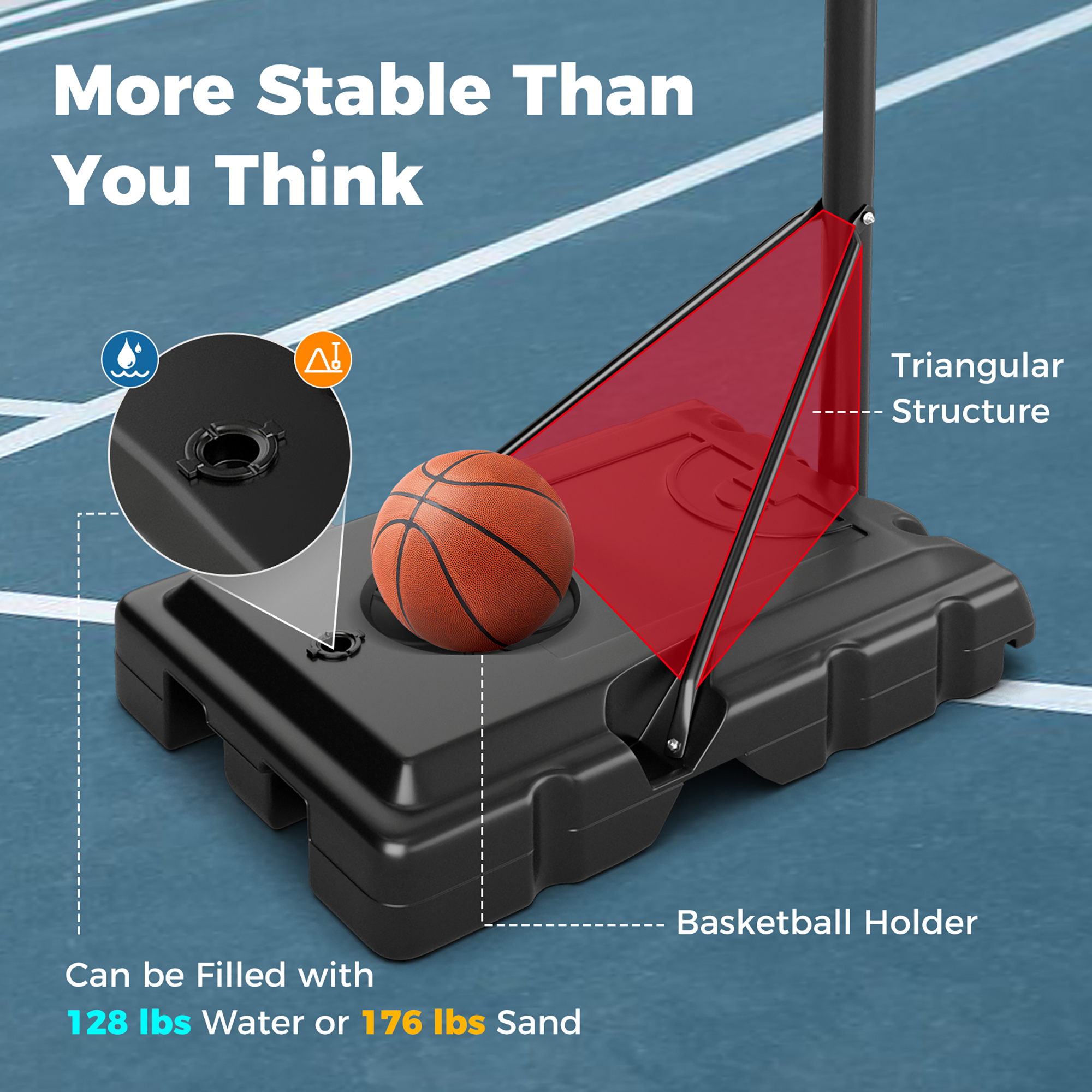 Gymax 4.4-10 FT Portable Basketball Hoop w/ 44'' Shatterproof Backboard Fillable Base