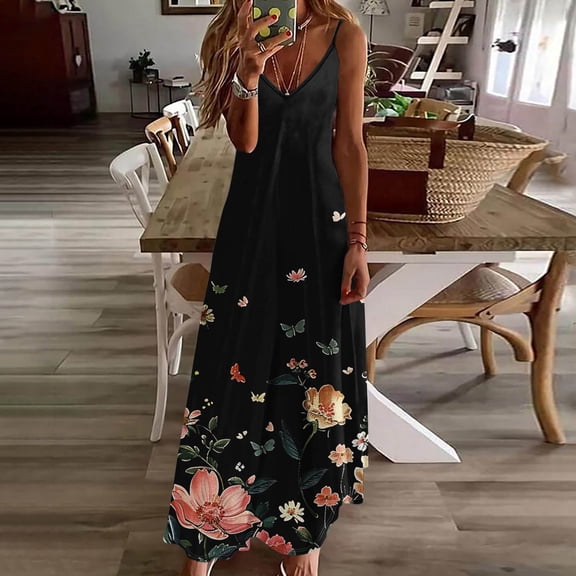 UPPADA Women's Casual Sleeveless Deep V Neck Dress Beach Waist Flowy Maxi Dresses Summer Floral Tie Front Spaghetti Strap Casual Boho Beach Flowy Sundress with Pockets Black,L