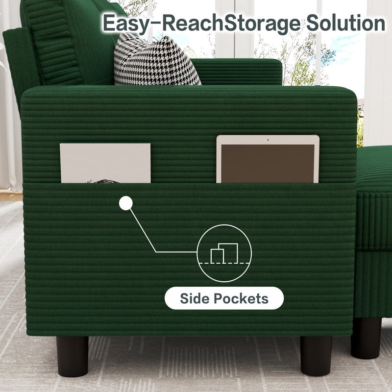 Walsunny Convertible Sectional Sofa Couch, Modern Linen Fabric L-Shaped Couch 3-Seat Sofa Sectional with Reversible Chaise for Small Living Room, Apartment and Small Space, Green