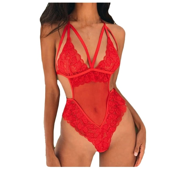 Lingerie for Women One Piece Lingerie Deep V Teddy Sexy Lace Bodysuit Strappy Lingerie Valentines Day Gifts