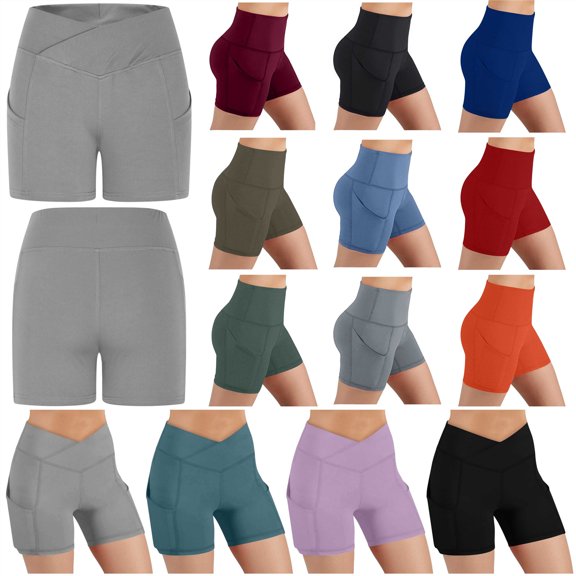 QATAINLAV Workout Shorts for Women Crossover High Waisted Gym Outfit Athletic Yoga Running Biker Shorts with Pockets Gray XL