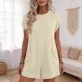 thumbnail image 2 of Lovzfmll Combinaison pour Femmes, Col Rond à Manches Courtes avec Poche, Jambe Grand, Barboteuse d'Été Décontractée Beige, G, 2 of 9