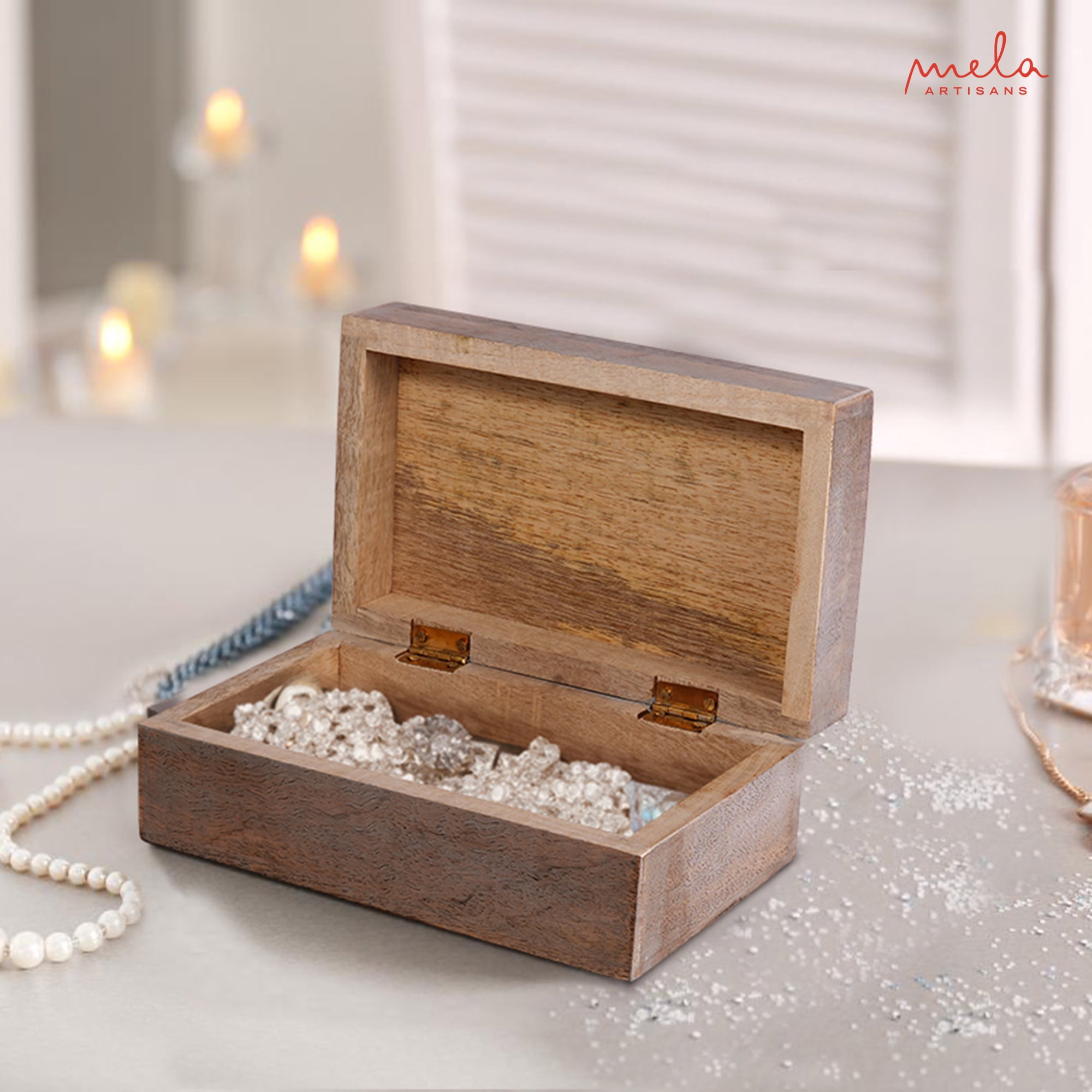 Scallop Wooden Box, Medium, Light Burnt Over Grey Decorative Box with Lid with Felt Pads Underneath & Wooden Carving, Unique Handmade Mangowood Keepsake Storage Box for Home, 7.5 x 4.5 x 3