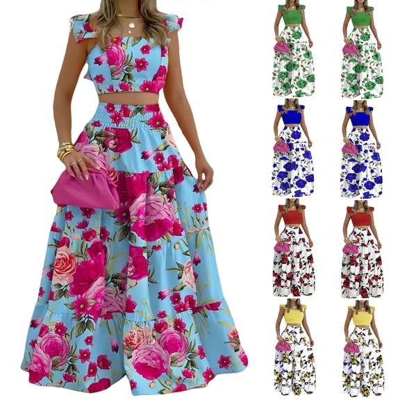 2 Piece Skirt Sets for Women Smocked Waist Floral Tiered Maxi Skirt Set and Cute Crop Tank Top Spring Easter Outfits Pink S