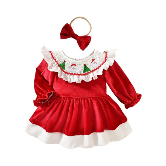 Miaouyo Infant Baby Girl Christmas Fall Outfit 0 3 6 9 12 18 Months Santa Tree Embroidered Ruffle Trim Long Sleeve Romper Dress Bow Headband