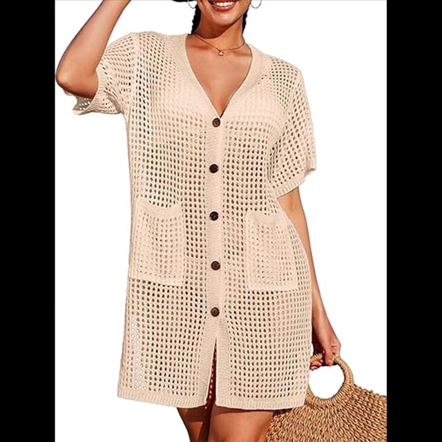 Vestido de Crochet con Botones y Abertura Lateral para Mujer, Traje de Baño con Bolsillos. Albaricoque S