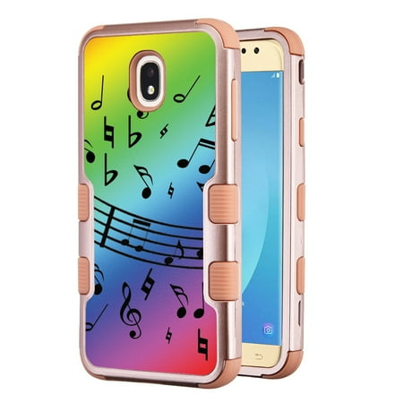 Rainbow Aura Quartz - 3-Layer Case for Samsung Galaxy J7 Crown / J7 aura / J7 Star / J7 Refine / J7 (2018), OneToughShield ® Hybrid Shockproof Protector Phone Case (Rose Gold Color) - Music Notes / Rainbow