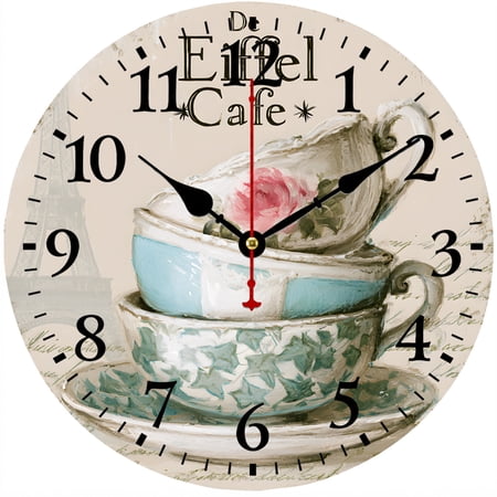 Cozy Hour 9 . 84 Inch French Cafe Wall Clock, Vintage Paris Eiffel Tower Teacup Decorative Clock