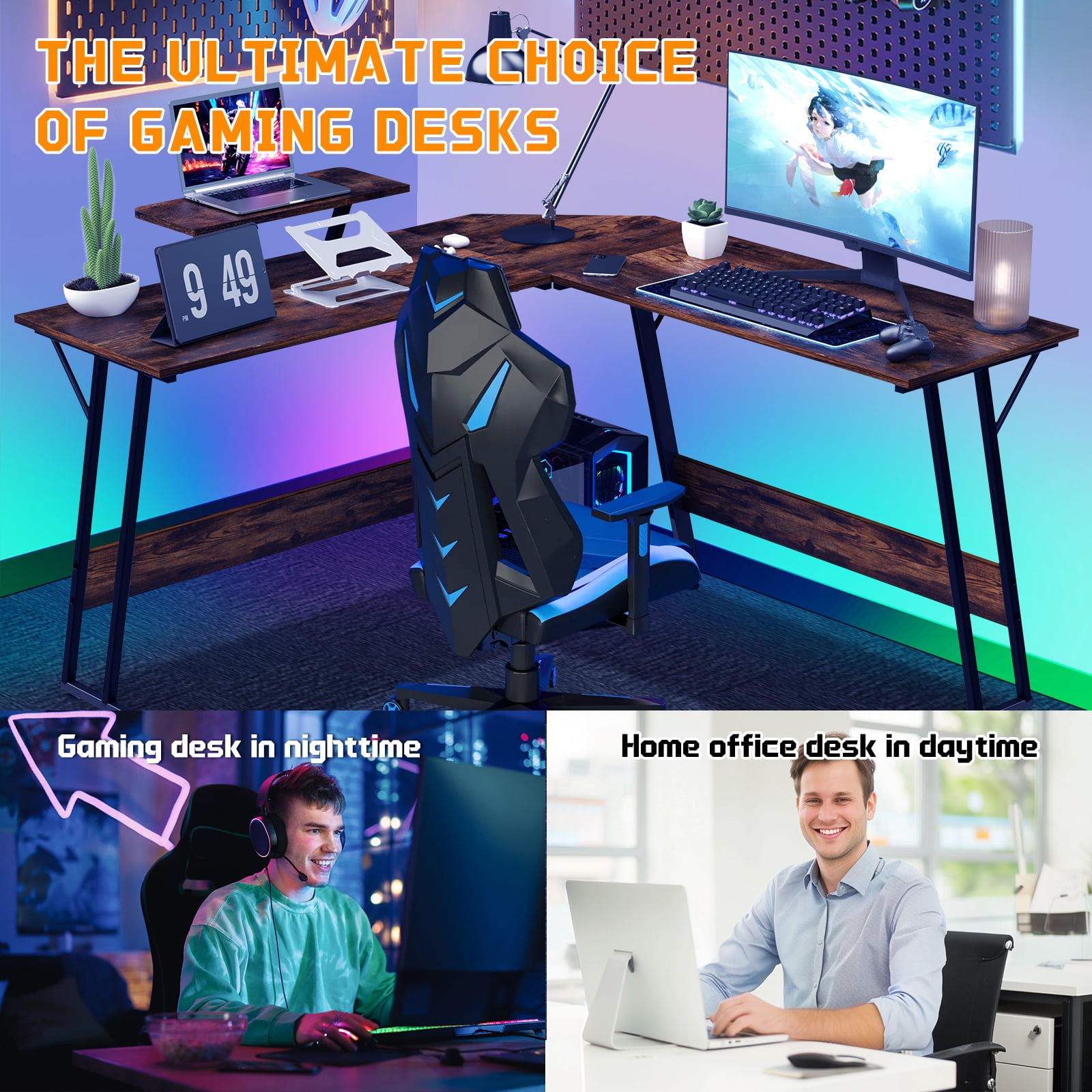 Dkelincs L Shaped Gaming Desk, 50.4" Corner Computer Desk PC Game Table with Monitor Stand Large Desktop for Home Office Study Writing Workstation, Brown