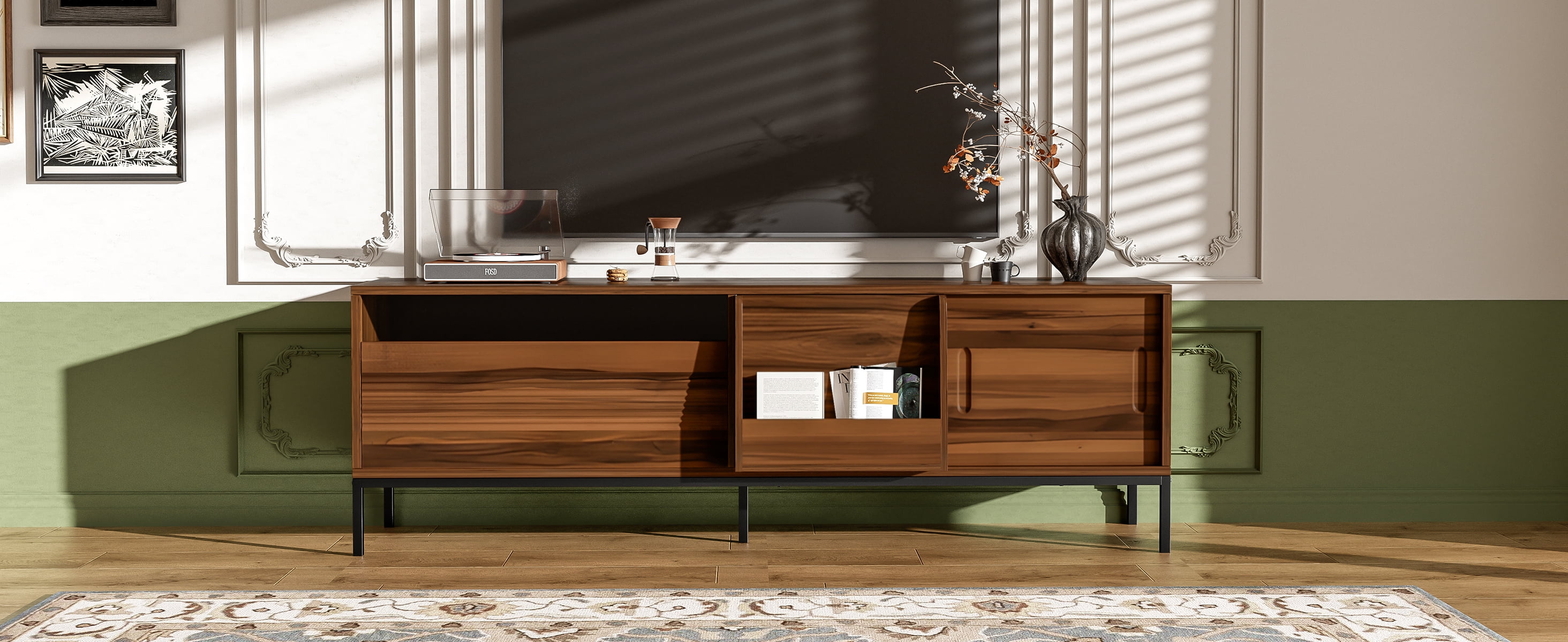 Euroco 70.8'' Modern TV Stand for TVs up to 75 Inches, Entertainment Center with Storage Space, Sliding Doors, Adjustable Shelves and Metal Frame, Mid Century Modern Media TV Console Table