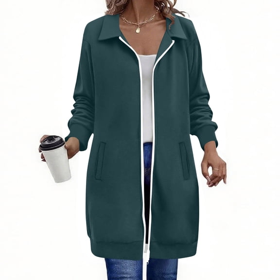 Vibrex Womens Long Jacket Casual Women's Fashion Solid Color Long Sleeve Hooded Pocket Zipper Lapel Tops Sweatshirts Outerwear Hiking Jacket Fall Winter Jacket Lightweight Coat with Pocket