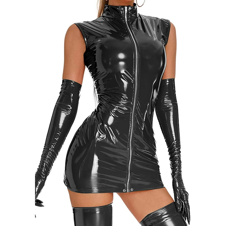 YiZYiF Womens Latex Mini Dress Faux Leather Cutout Harness Backless Bodycon  Party Club Dresses 
