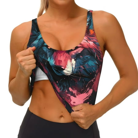 Qokaie Red Flame Wolf Head Pattern Womens Scoop Neck Sports Bra Breathable Workout Vest Padded U Back Medium Impact Fitness Gym Yoga Bra Workout Crop Top
