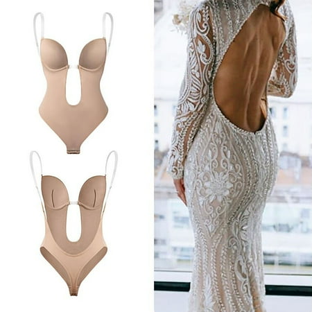 Honrane Removal Invisible Shoulder Straps Body Shaper U-shape Backless Deep V-neck Bodysuit Bra Shapewear for Inside Wear