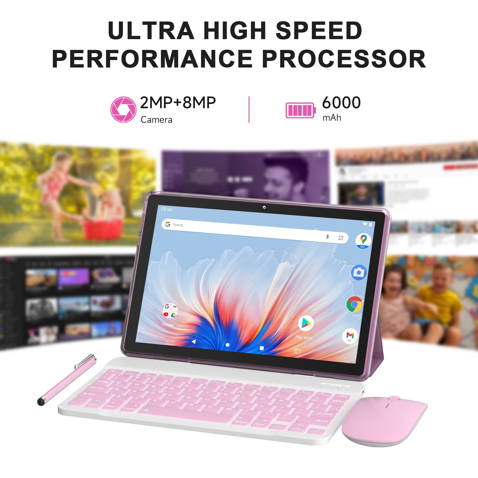 Peicheng 10" Android 15 Tablet, 10(4+6Expand)GB RAM+64GB ROM Tablet Kit with Protective Case/Stylus/Keyboard/Mouse, 2+8MP Dual Camera, 6000mAh Battery (1set, Pink)