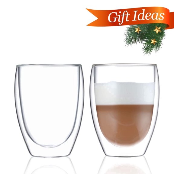 BLUE BREW 2PK Double Walled Insulated Glass Coffee Mug 12oz (350 ml) set of 2, Espresso Machine, Glass Cups, Drinking Glasses, Drinkware glass set, Clear Glass (BB1010)