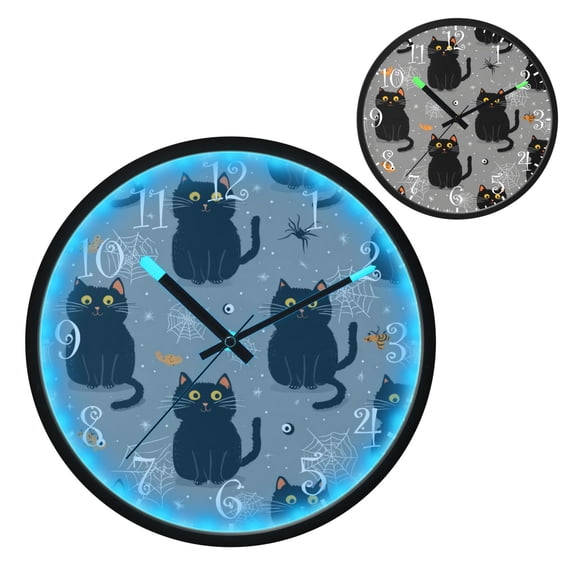 Voice Activated Clock with Glow Light 12 Inch Large Silent Wall Clock Battery Operated for Home Decor Black Cat and Spider Web
