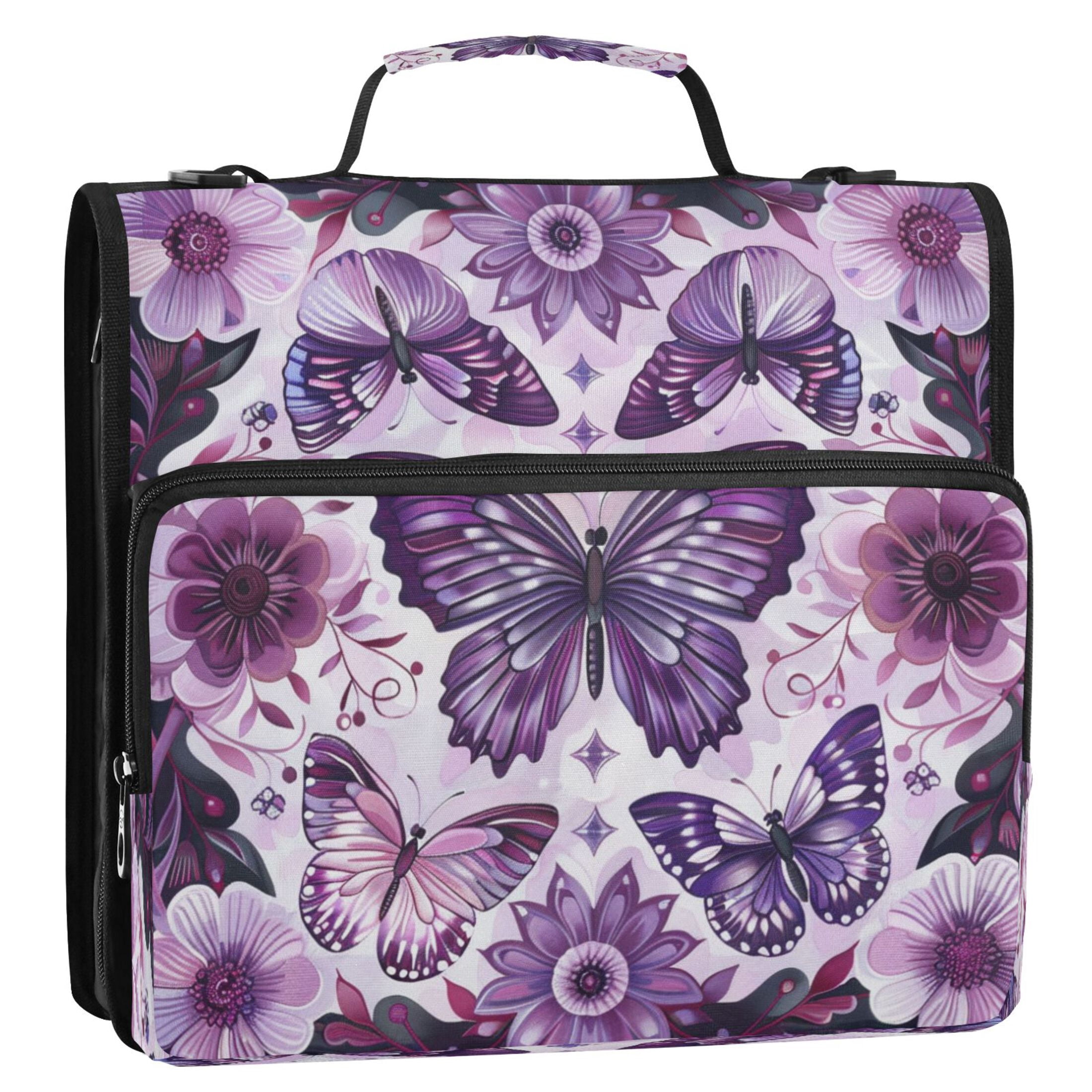 YAZAOO Zipper Binder trapper keeper Documents Organized Design Purple Blossoms and Butterflies Printed