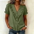thumbnail image 6 of Babysbule Women's V-Neck Ruffle Collar Puff Short Sleeve Button Front Relaxed Fit Casual Blouse Everyday Top, 6 of 8