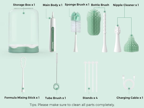 Momcozy 7 in 1 Electric Bottle Brush Kit, Portable Cleaning Set with Formula Mixer, Silicone Brush, Nipple Brush, Straw Brush, Soap Dispenser, Drying Rack - Long Battery Life for Home & Travel