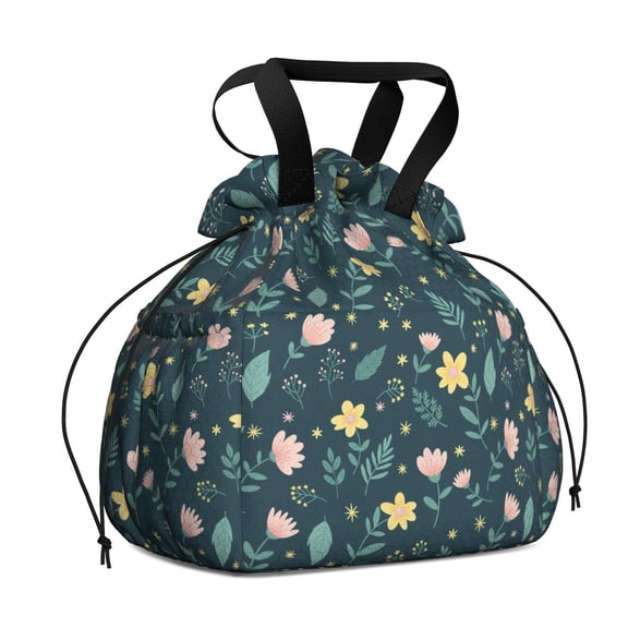 Pioneer Flower Floral Print Pattern Drawstring Lunch Bag Women - Drawstring Lunch Bag Insulated for Work Office - Stain-Resistant Large Lunchbags for Women with Multi-Pockets